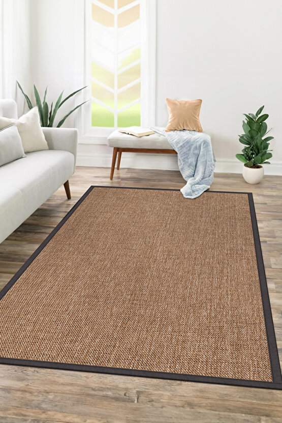0604-Antrasit Kumaş Bordür Sisal Jut Halı Kilim Hav Toz Vermez Kolay Temizlenen Hasır Kilim