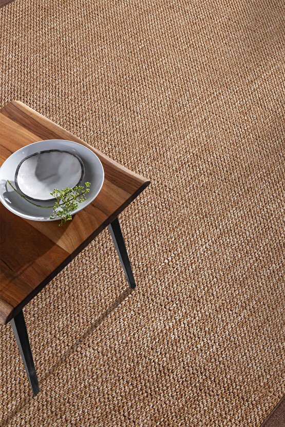 0604-Kahve Kumaş Bordür Sisal Jut Halı Kilim Hav Toz Vermez Kolay Temizlenen Hasır Kilim