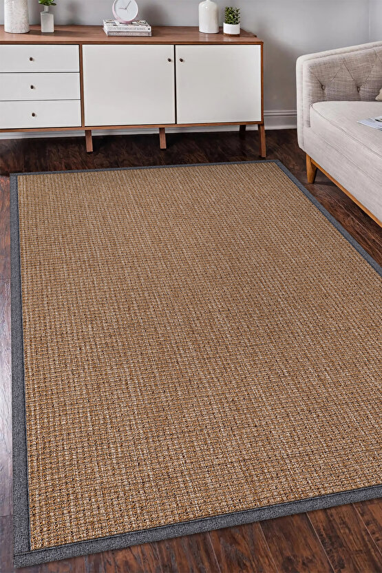 0465-Gri Kumaş Bordür Sisal Jut Halı Kilim Hav Toz Vermez Kolay Temizlenen Hasır Kilim
