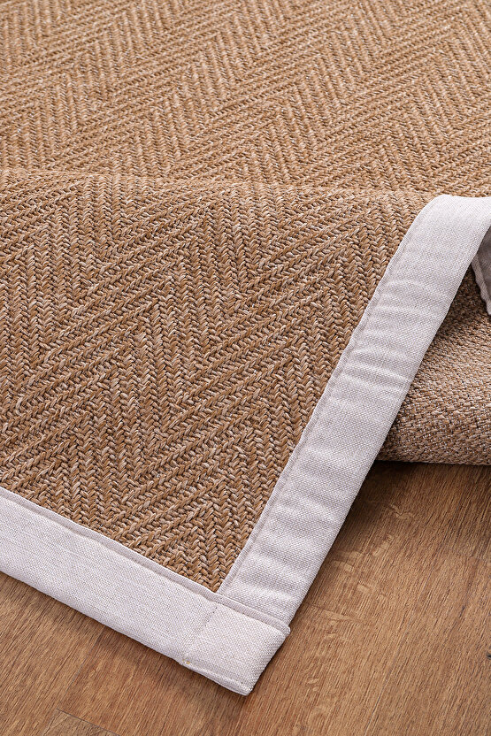 0503-Krem Kumaş Bordür Sisal Halı Kilim Hav Toz Vermez Kolay Temizlenen Hasır Kilim