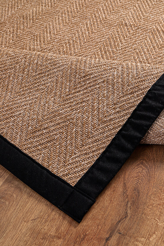 0503-Siyah Kumaş Bordür Sisal Halı Kilim Hav Toz Vermez Kolay Temizlenen Hasır Kilim