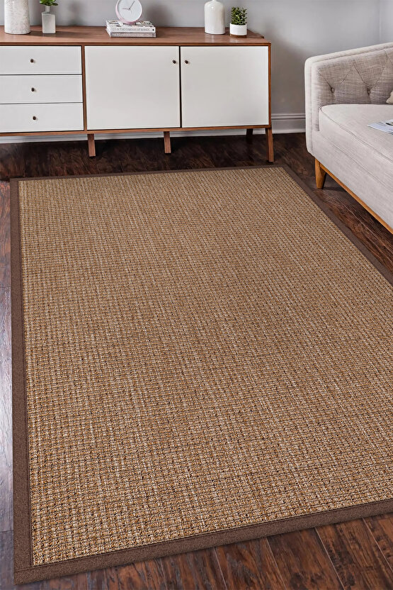 0465-Kahverengi Kumaş Bordür Sisal Jut Halı Kilim Hav Toz Vermez Kolay Temizlenen Hasır Kilim