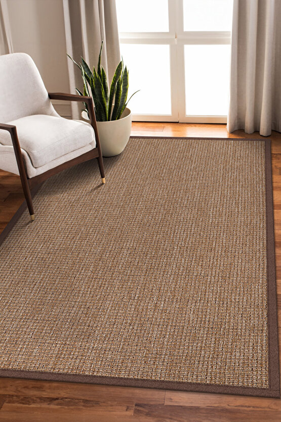 0465-Kahverengi Kumaş Bordür Sisal Jut Halı Kilim Hav Toz Vermez Kolay Temizlenen Hasır Kilim