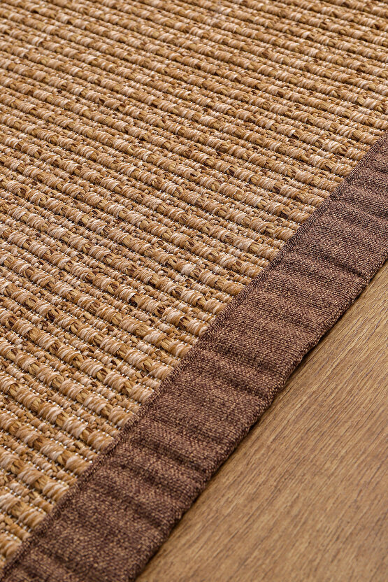 0465-Kahverengi Kumaş Bordür Sisal Jut Halı Kilim Hav Toz Vermez Kolay Temizlenen Hasır Kilim
