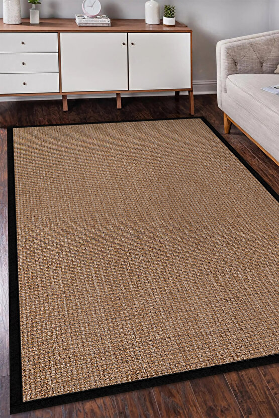 0465-Siyah Kumaş Bordür Sisal Jut Halı Kilim Hav Toz Vermez Kolay Temizlenen Hasır Kilim
