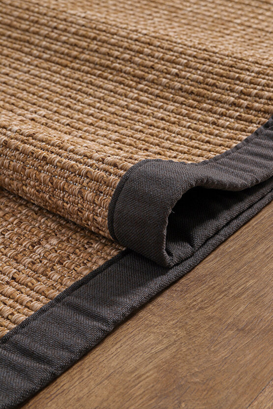 0465-Antrasit Kumaş Bordür Sisal Jut Halı Kilim Hav Toz Vermez Kolay Temizlenen Hasır Kilim