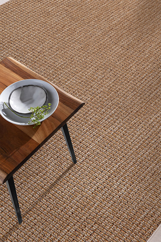 0465-Krem Kumaş Bordür Sisal Jut Halı Kilim Hav Toz Vermez Kolay Temizlenen Hasır Kilim