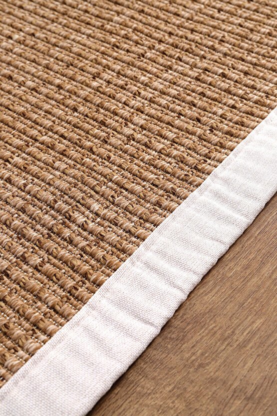 0465-Krem Kumaş Bordür Sisal Jut Halı Kilim Hav Toz Vermez Kolay Temizlenen Hasır Kilim