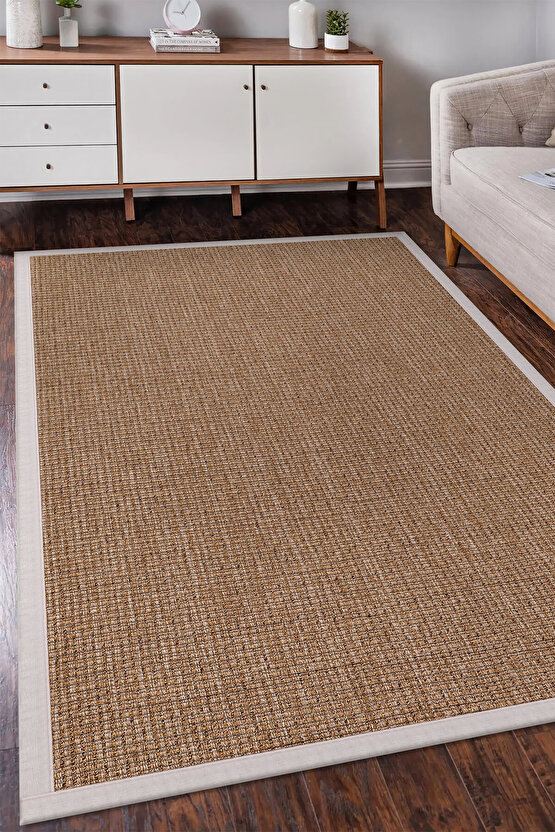 0465-Krem Kumaş Bordür Sisal Jut Halı Kilim Hav Toz Vermez Kolay Temizlenen Hasır Kilim