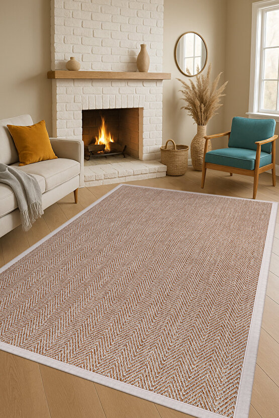 0408-Bej Kumaş Bordür Sisal Halı Kilim Hav Toz Vermez Kolay Temizlenen Hasır Kilim