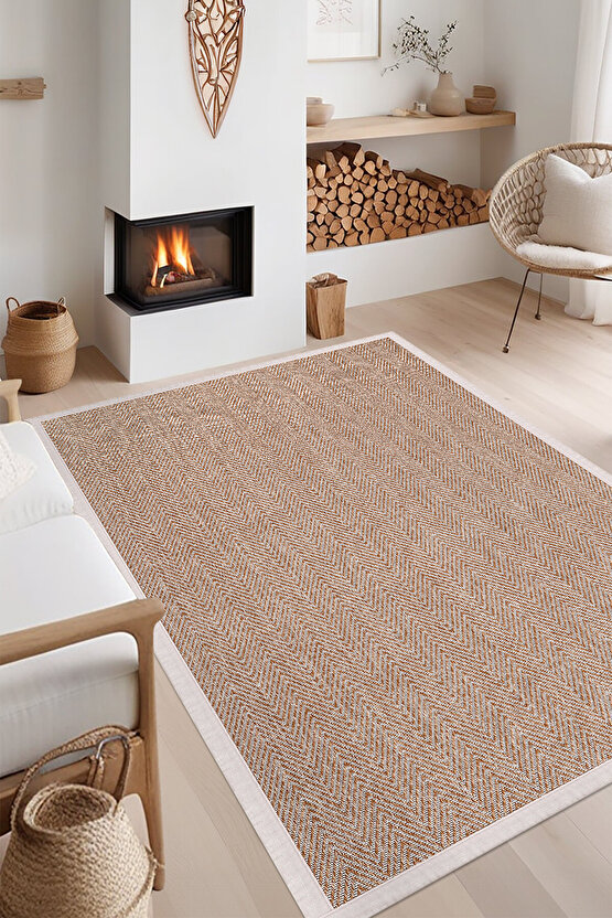 0408-Krem Kumaş Bordür Sisal Halı Kilim Hav Toz Vermez Kolay Temizlenen Hasır Kilim