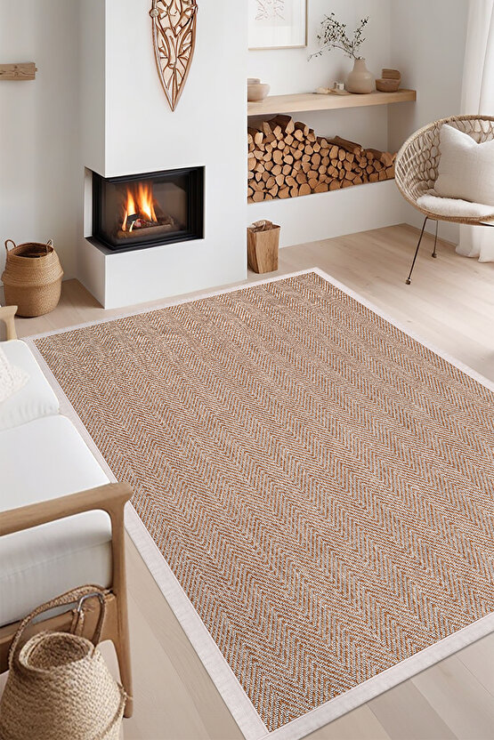 0408-Krem Kumaş Bordür Sisal Halı Kilim Hav Toz Vermez Kolay Temizlenen Hasır Kilim