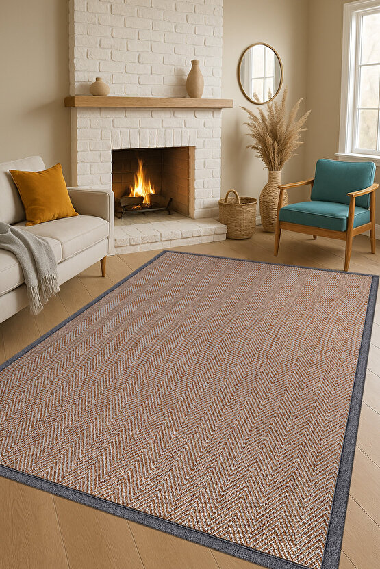 0408-Gri Kumaş Bordür Sisal Halı Kilim Hav Toz Vermez Kolay Temizlenen Hasır Kilim