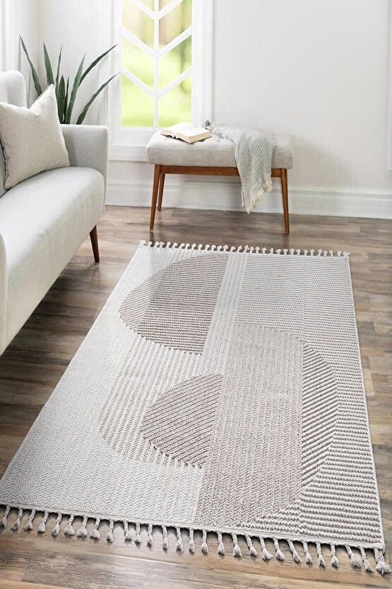 Mumbai 321 Bej - Beyaz Yumuşak Dokulu Halı Kilim Salon Mutfak Koridor  Yolluk Dokuma Makine Halısı