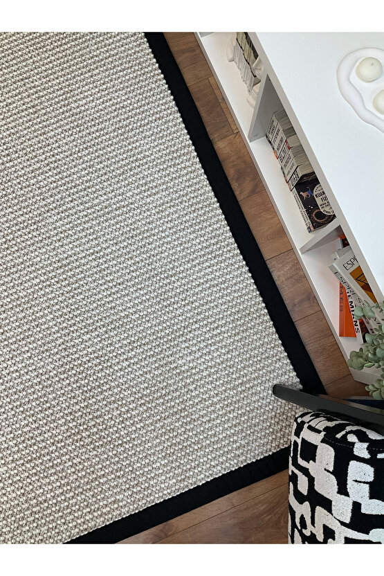 Kumaş Bordür Bej Bukle Siyah Bordür  Halı Salon Koridor Mutfak Çocuk Odası Halısı  Kilim S263