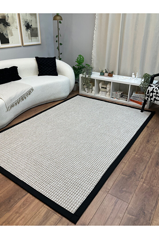 Kumaş Bordür Bej Bukle Siyah Bordür  Halı Salon Koridor Mutfak Çocuk Odası Halısı  Kilim S263