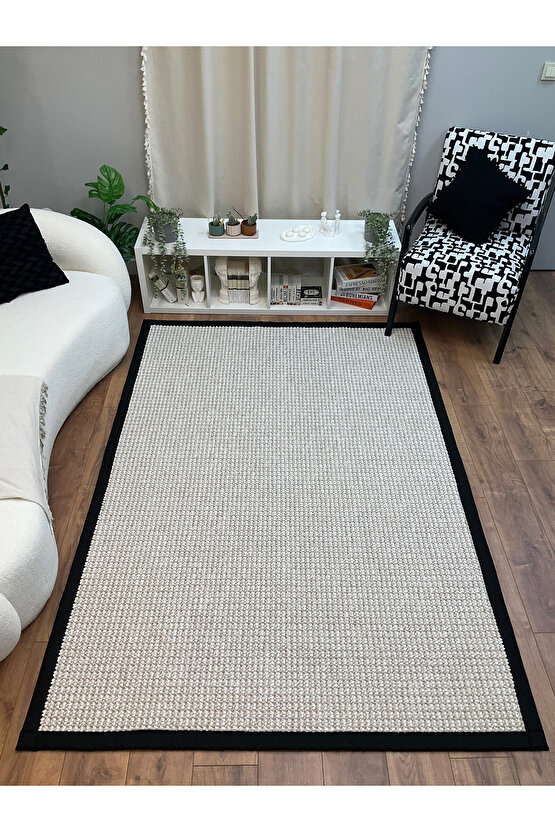 Kumaş Bordür Bej Bukle Siyah Bordür  Halı Salon Koridor Mutfak Çocuk Odası Halısı  Kilim S263
