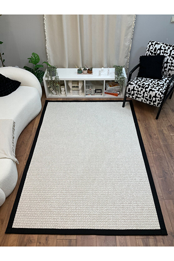 Kumaş Bordür Beyaz Bukle Siyah Bordür  Halı Salon Koridor Mutfak Çocuk Odası Halısı  Kilim S256