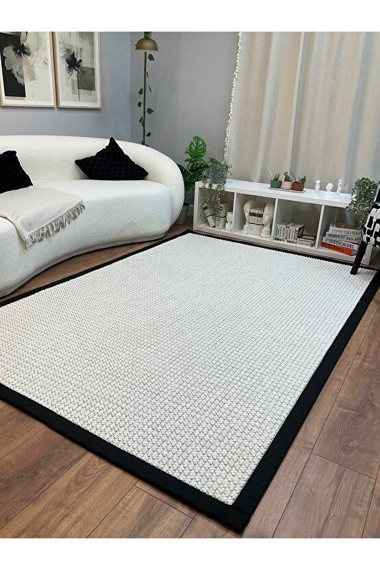 Kumaş Bordür Beyaz Bukle Siyah Bordür  Halı Salon Koridor Mutfak Çocuk Odası Halısı  Kilim S256
