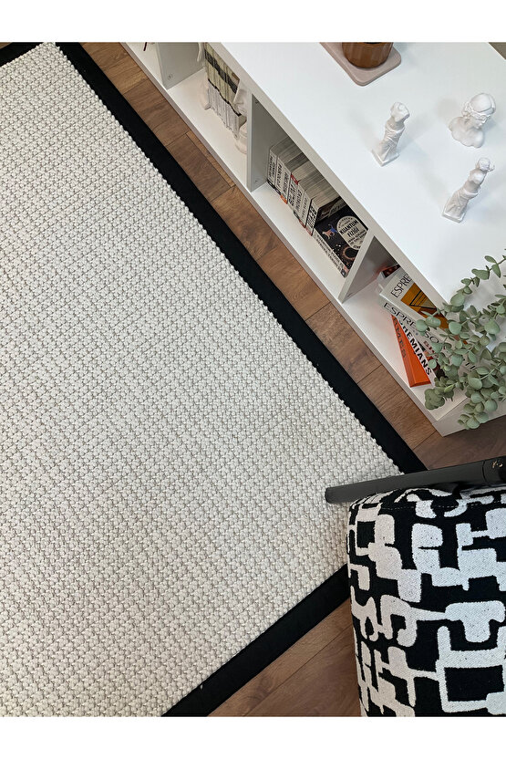 Kumaş Bordür Beyaz Bukle Siyah Bordür  Halı Salon Koridor Mutfak Çocuk Odası Halısı  Kilim S256