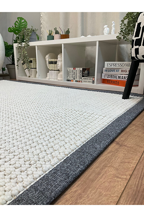 Kumaş Bordür Beyaz Bukle Gri Bordür  Halı Salon Koridor Mutfak Çocuk Odası Halısı  Kilim S259