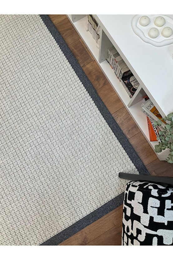 Kumaş Bordür Beyaz Bukle Gri Bordür  Halı Salon Koridor Mutfak Çocuk Odası Halısı  Kilim S259