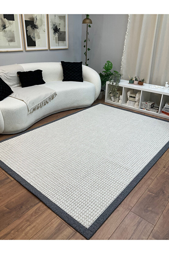 Kumaş Bordür Beyaz Bukle Gri Bordür  Halı Salon Koridor Mutfak Çocuk Odası Halısı  Kilim S259