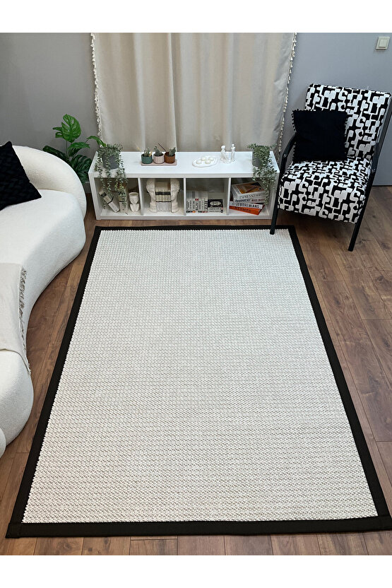 Kumaş Bordür Beyaz Bukle Koyu Kahve Bordür  Halı Salon Koridor Mutfak Çocuk Odası Halısı  Kilim S261