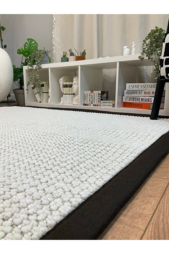 Kumaş Bordür Beyaz Bukle Koyu Kahve Bordür  Halı Salon Koridor Mutfak Çocuk Odası Halısı  Kilim S261