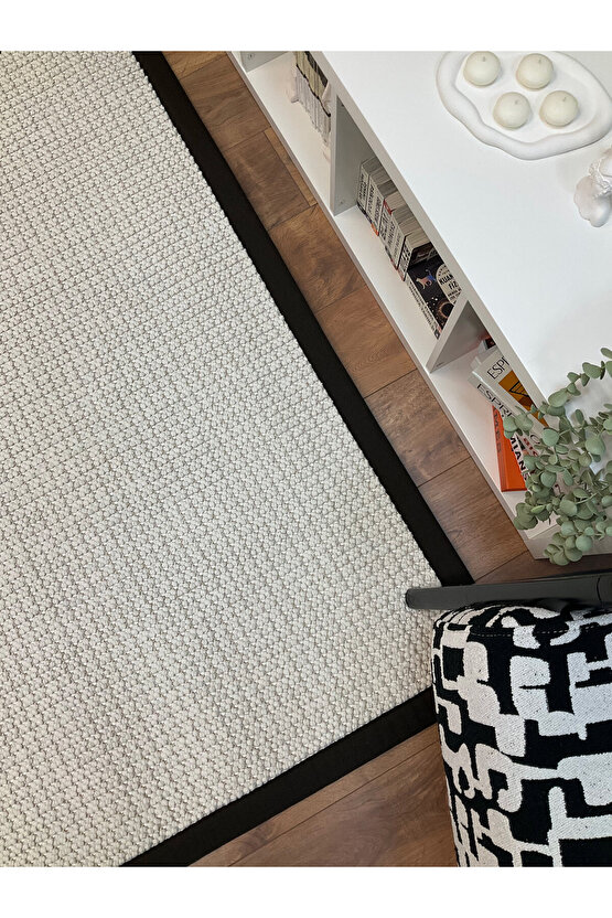 Kumaş Bordür Beyaz Bukle Koyu Kahve Bordür  Halı Salon Koridor Mutfak Çocuk Odası Halısı  Kilim S261