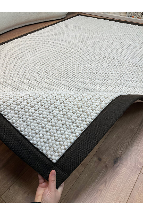 Kumaş Bordür Beyaz Bukle Koyu Kahve Bordür  Halı Salon Koridor Mutfak Çocuk Odası Halısı  Kilim S261