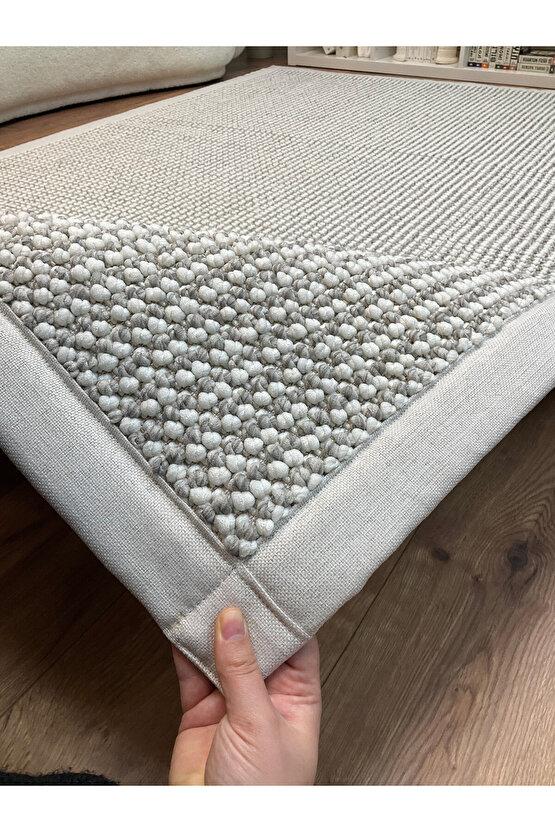 Kumaş Bordür Gri Bukle Krem Bordür  Halı Salon Koridor Mutfak Çocuk Odası Halısı  Kilim S269