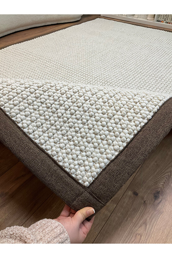 Kumaş Bordür Beyaz Bukle Kahve Bordür  Halı Salon Koridor Mutfak Çocuk Odası Halısı  Kilim S257