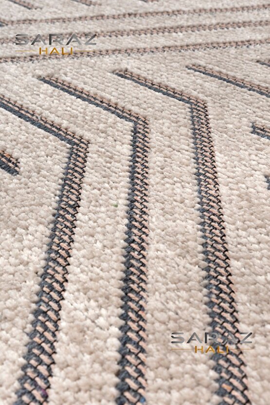 Ada Kilim Modern Salon Mutfak Koridor Kesme Yolluk Dokuma Makine Halısı zigzag krem