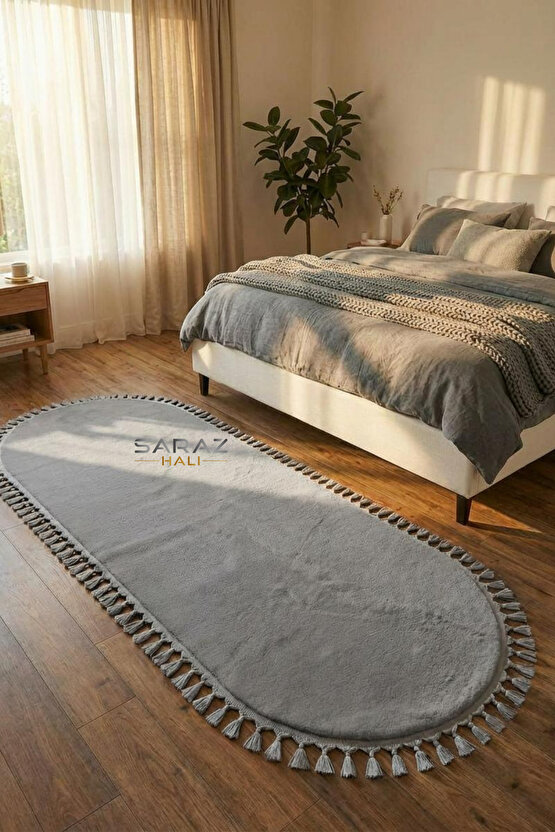 Puffy Gri Oval Örgü Saçaklı Peluş Yumuşacık Yıkanabilir Kaymaz Taban Halı Salon Oturma Odası