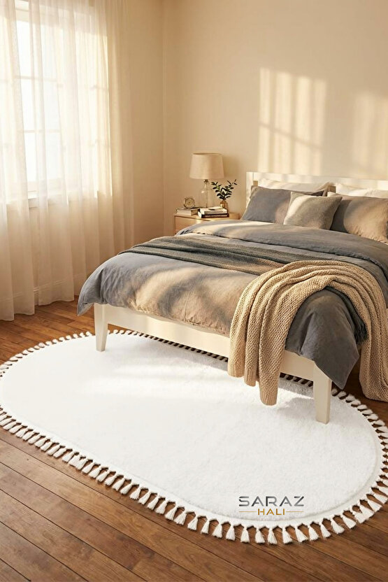 Puffy Beyaz Oval Örgü Saçaklı Peluş Yumuşacık Yıkanabilir Kaymaz Taban Halı Salon Oturma Odası