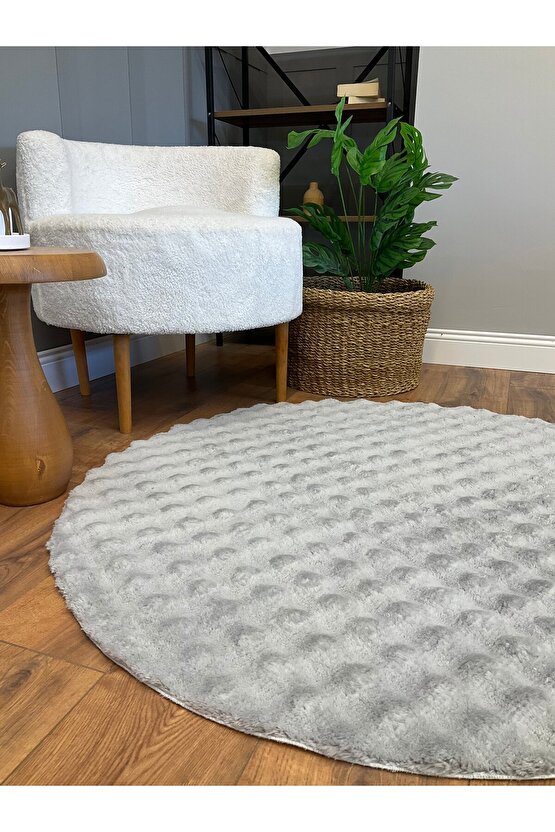 Bubble Tavşan Yuvarlak Post Yumuşacık Tavşan Tüyü Kaymaz Yıkanabilir Gri