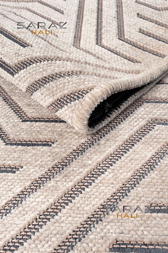 Ada Kilim Modern Salon Mutfak Koridor Kesme Yolluk Dokuma Makine Halısı zigzag krem