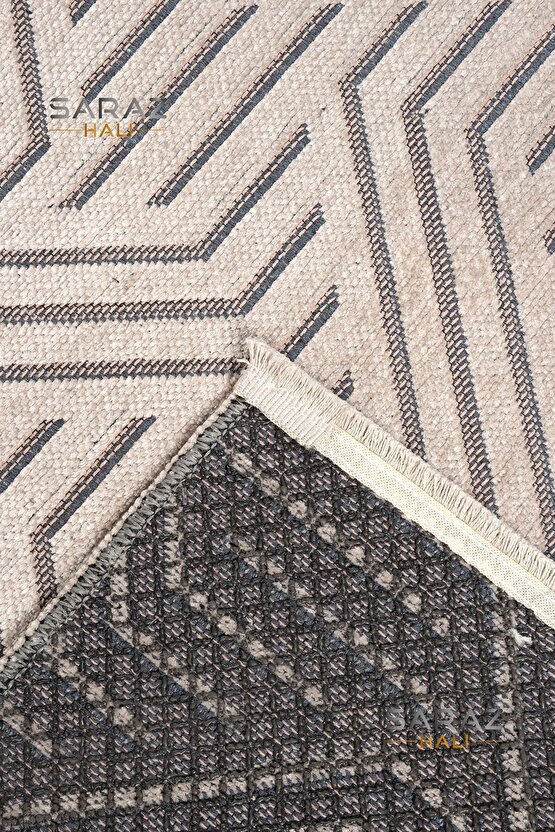 Ada Kilim Modern Salon Mutfak Koridor Kesme Yolluk Dokuma Makine Halısı zigzag krem