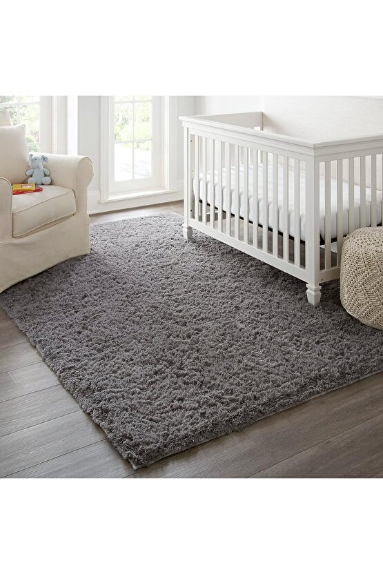 Gri Yıkanabilir Yolluk Kaymaz Taban Uzun Tüylü Yumuşak Halı Kaymaz Tüylenmez