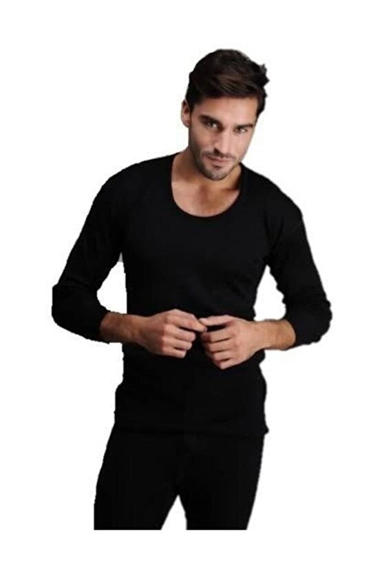 Siyah Erkek Uzun Kollu Don Takım Içlik Doğal Yün