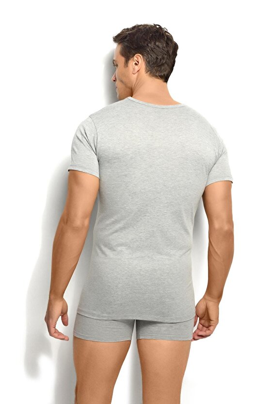 Erkek Gri Pamuklu Kısa Kollu V Yaka Atlet Fanila 3lü Paket-112