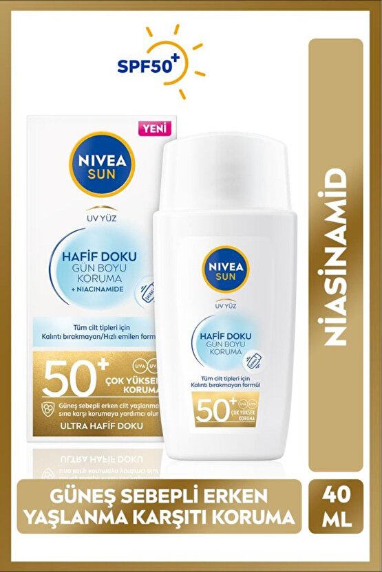 SUN SPF50 Hafif Dokulu Güneş Koruyucu Yüz Kremi 40ml, Yüksek Güneş Koruyucu, Erken Yaşlanma Karşıtı