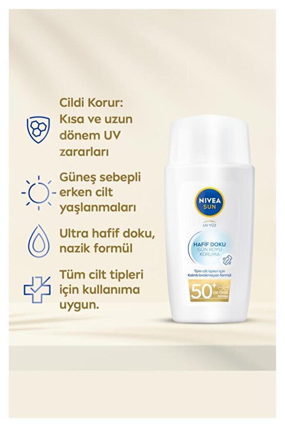 SUN SPF50 Hafif Dokulu Güneş Koruyucu Yüz Kremi 40ml, Yüksek Güneş Koruyucu, Erken Yaşlanma Karşıtı