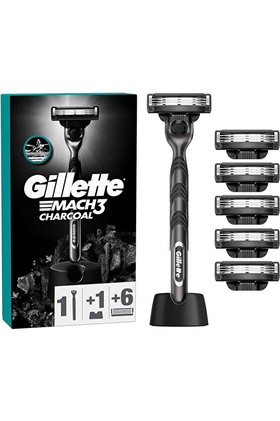 Mach 3 Charcoal Tıraş Makinesi + 6 Up Yedek Tıraş Bıçağı + Premium Stand