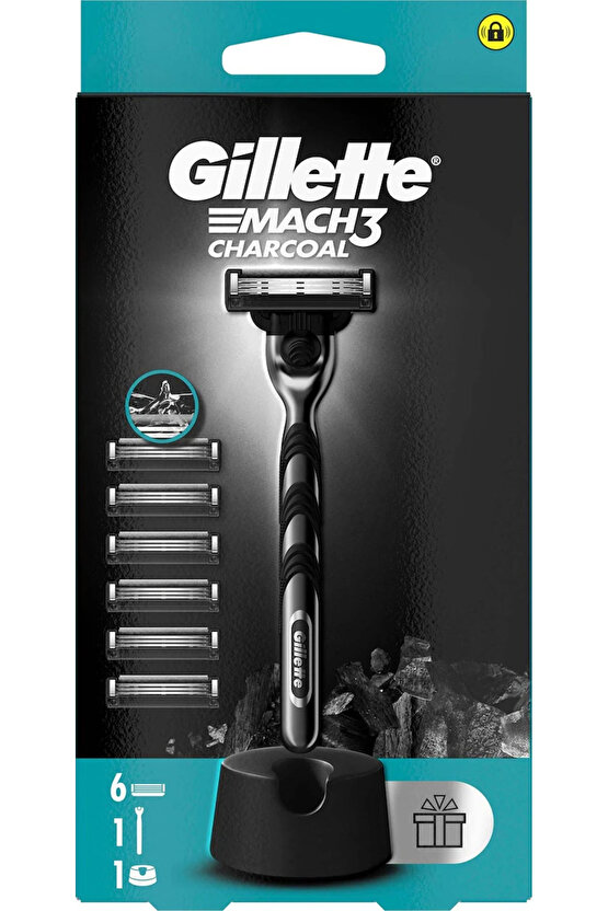 Mach 3 Charcoal Tıraş Makinesi + 6 Up Yedek Tıraş Bıçağı + Premium Stand