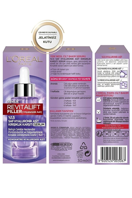 Yeni Orjinal Ürün Revitalift Filler Saf Hyaluronik Asit Kırışıklık Karşıtı Serum 30 Ml