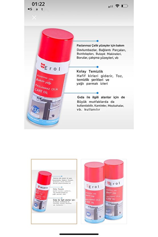 PASLANMAZ ÇELİK BAKIM YAĞI NSF 400 ML