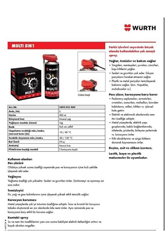 Multi 5in1 Çok Amaçlı Temizleme Yağlama Pas Önleyici Bakım Spreyi 400 Ml