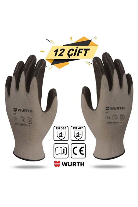 Würth Nitril Kaplama Sanayi Iş Usta Eldiveni Teknisyen Mekanikçi Koruyucu Eldiven No:9l (12 ÇİFT)